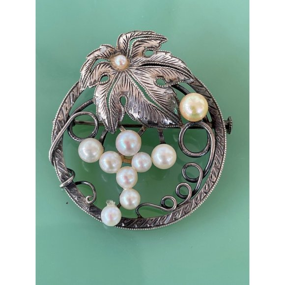 Art Deco Grape Cluster Cultured Pearl Sterling Brooch - Picture 6 of 9